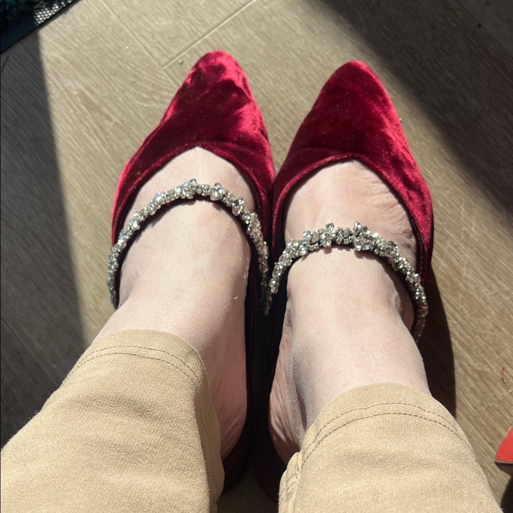 Birdies wine velvet flat with crystal strap.  Size 8.5